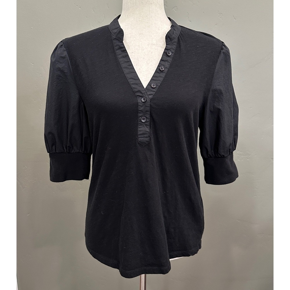Habitual Puff Sleeve Henley Top in Black Size Medium Cotton Boho Chic NWOT - Picture 2 of 12